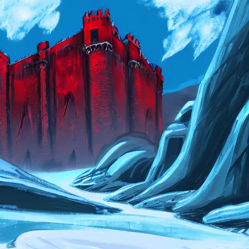 Prompt: Freelance illustration by Erica Rossi of a immense red citadel resting on an immense sheet of ice. December. Hue breaking and color management, concept art.