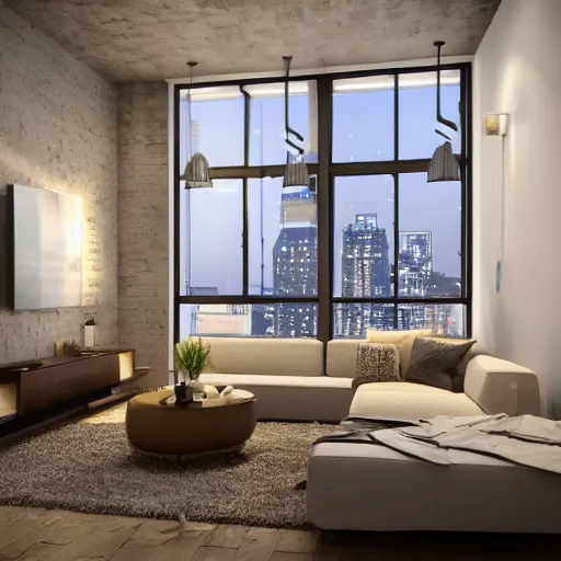 Image similar to a render of a cozy apartment interior overlooking a vast city at night