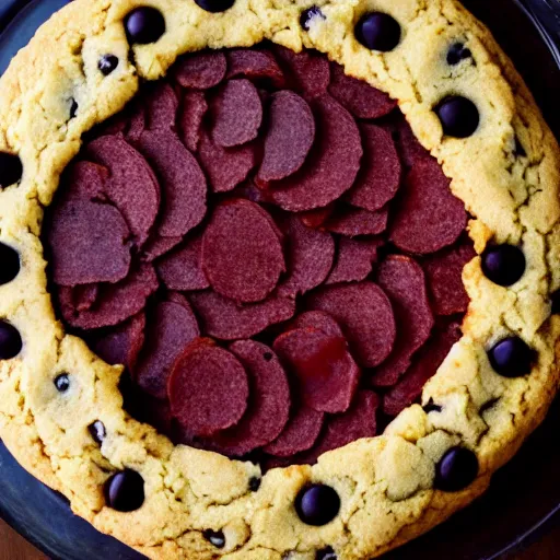 Image similar to a cookie cake that has pepperoni on it