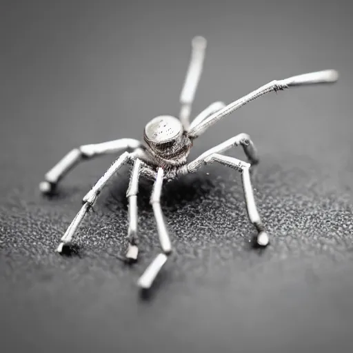 Image similar to macro photograph of a miniature mechanical spider made of silver