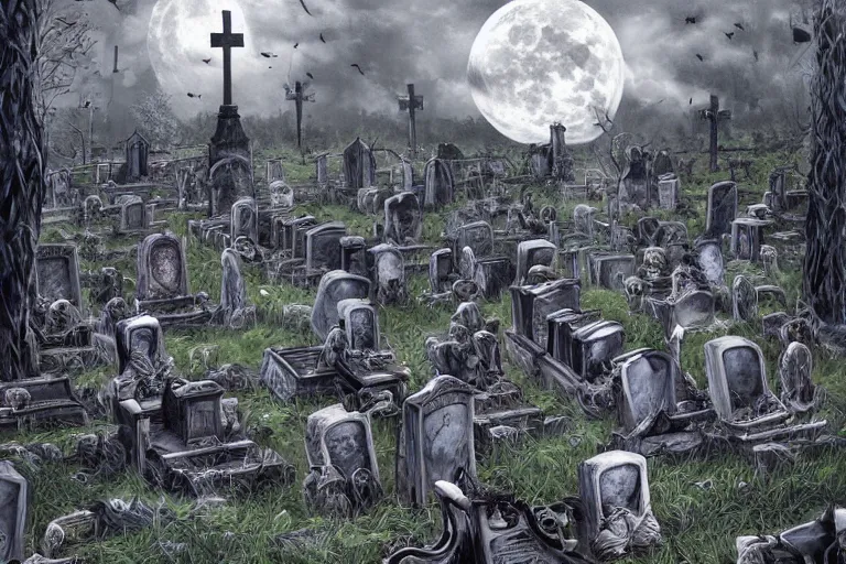 Prompt: an army of reanimated corpses breaks everything around in a cemetery, corpses come to life, tombstones, dark night, full moon, highly detailed digital art, photorealistic