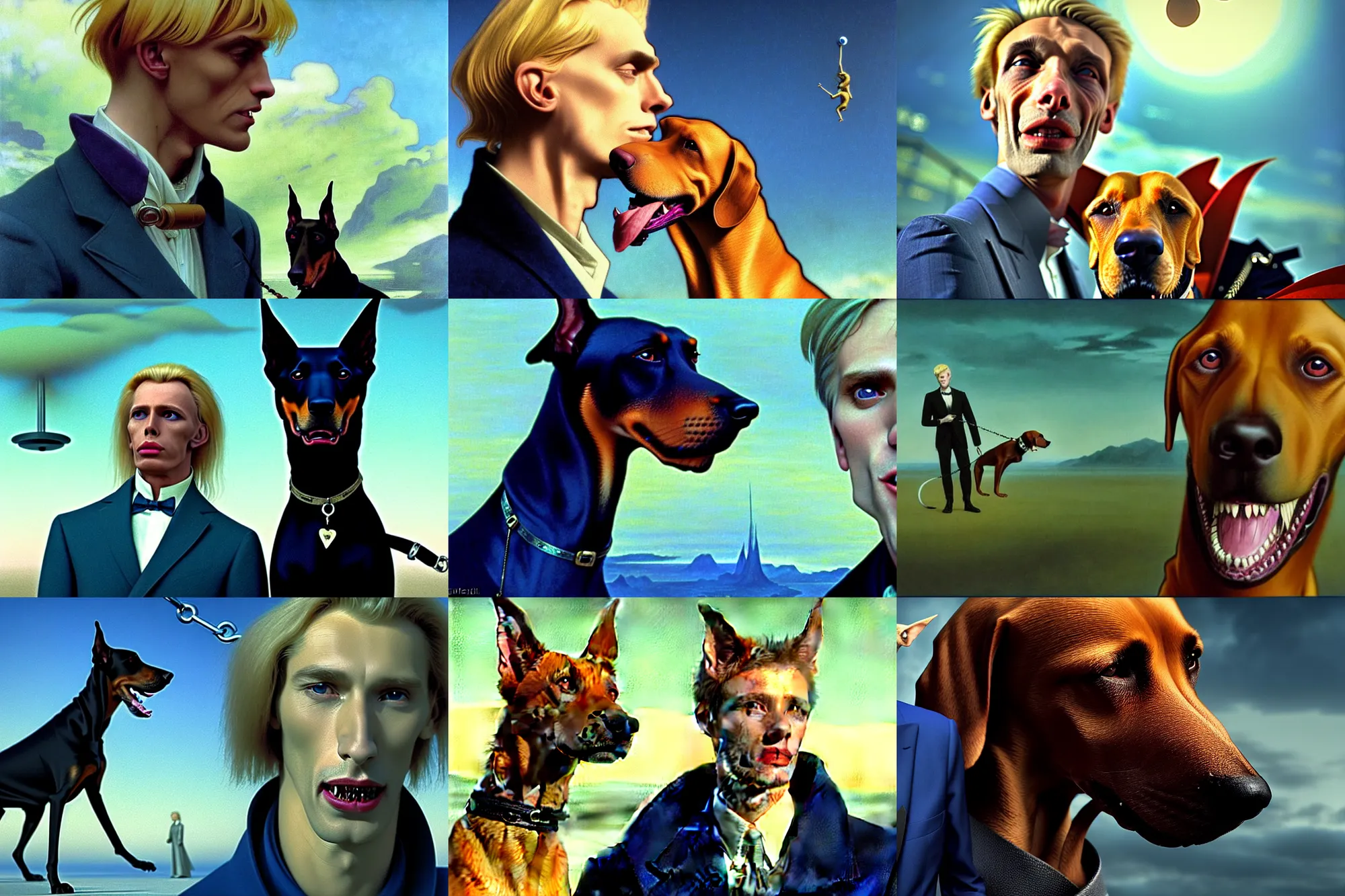 Prompt: realistic detailed closeup portrait movie shot of an elegant blond male vampire with a doberman on a leash, sci fi landscape background by denis villeneuve, amano, yves tanguy, alphonse mucha, max ernst, edward robert hughes, roger dean, rich moody colours, dog teeth, blue eyes