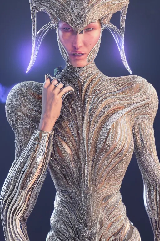 Image similar to a highly detailed metahuman 4 k close up render of an alien goddess bella hadid as andromeda in iris van herpen dress schiaparelli in diamonds crystals swarovski and jewelry in style of alphonse mucha gustav klimt trending on artstation made in unreal engine 4