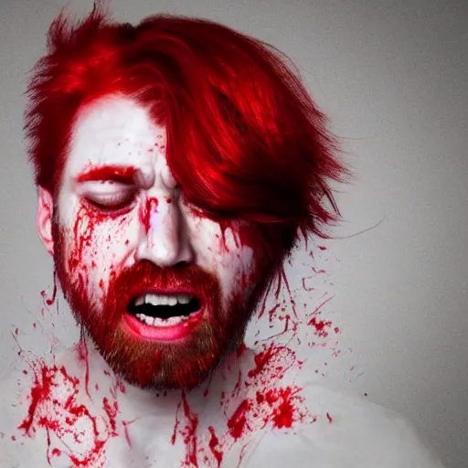 Prompt: Portrait of a crying man with tears of blood with red hair, 50 mm, hyper-realistic, 8K HDR.