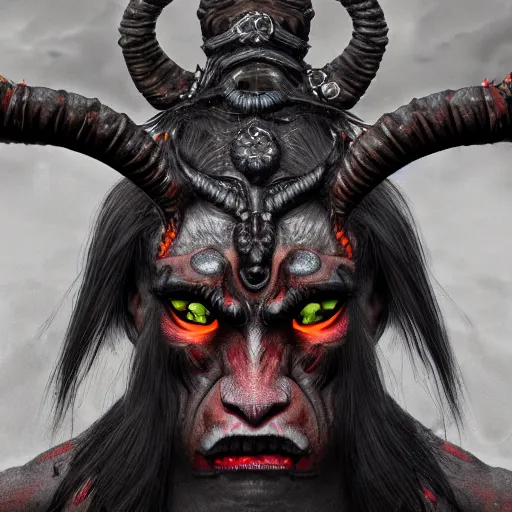 Prompt: an oni with long horns coming out of his forehead, 8K resolution, digital art, eldritch, hyper realistic, intricately detailed, Trending on Artstation