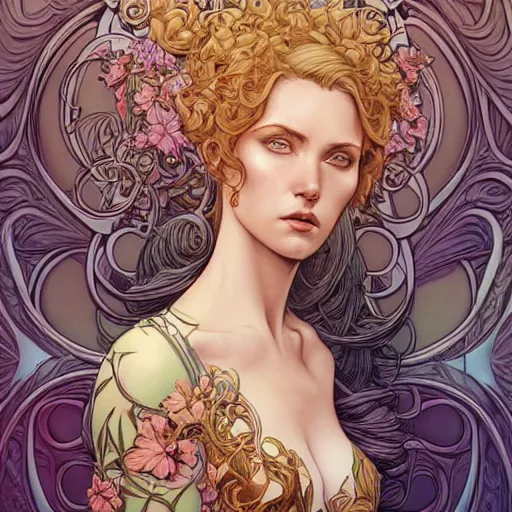 Image similar to a beautiful detailed front view portrait of a woman with ornate growing around, ornamentation, artgerm, joshua middleton comic cover art,