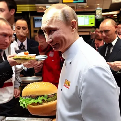 Prompt: Putin serving burgers at McDonalds