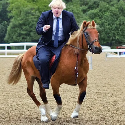 Prompt: Boris Johnson riding a horse with armour and a sword, photo