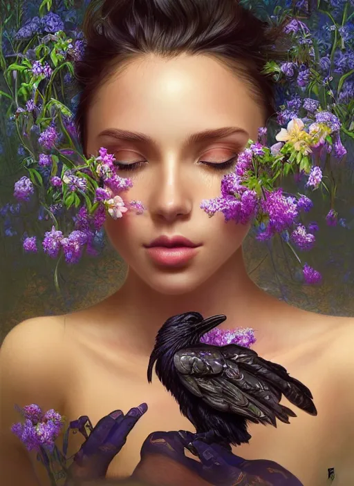 Prompt: beautiful young woman, gorgeous face, flowers over her eyes, ravens in the background, bladerunner city landscape, cybernetic, wires, technology, vaporwave aesthetic, synthwave, intricate, elegant, highly detailed, digital painting, artstation, concept art, smooth, sharp focus, illustration, art by artgerm and greg rutkowski and alphonse mucha