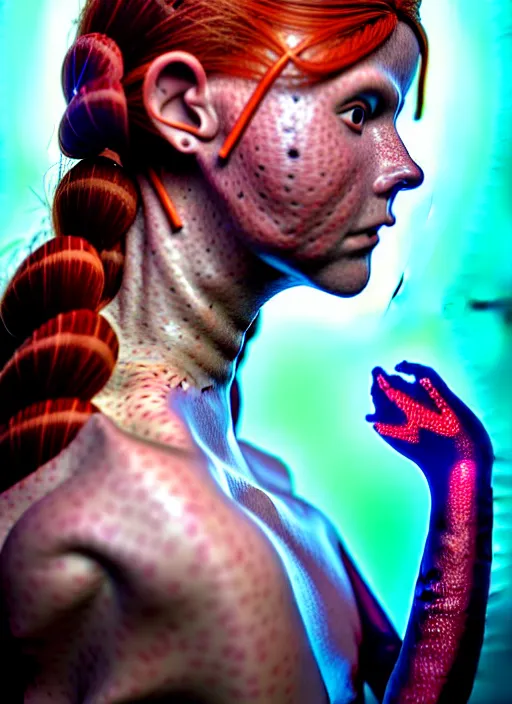 Prompt: an extremely detailed beautiful redhead scandinavian female humanoid with freckles, braided hairstyle, by loish, d & d, fantasy, cyber neon lighting, futurism, cyberpunk glossy latex suit, elegant profile posing, perfect anatomy, hyper photorealistic, digital photography, artstation, pinterest, concept art, art by pascal blanche and greg rutkowski,