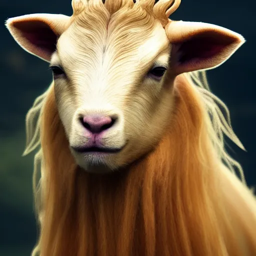 Prompt: real life photo of a beautiful Guernsey golden goat, full body photoshoot, curly golden hair, brown watery eyes, full round face, short smile, short horns, serene field setting, cinematic lightning, medium shot, mid-shot, highly detailed, trending on artstation, Unreal Engine 4k, 80mm, 85mm, cinematic wallpaper