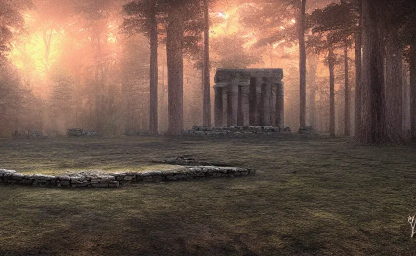 Image similar to incredible wide shot of the interior of a neolithic temple in the forest, dusk, light fog, digital art