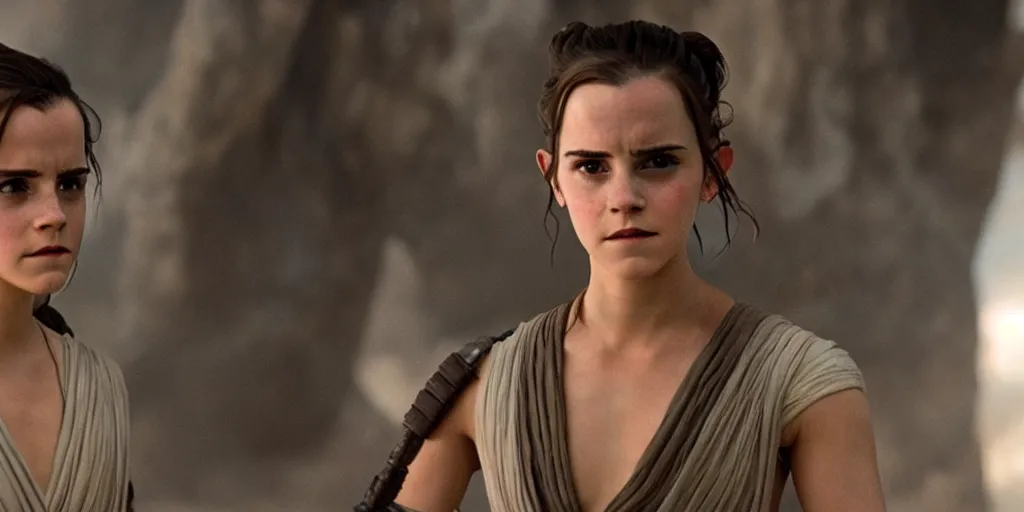 Image similar to emma watson as rey in the new star wars movie, cinematic, detailed, ultrawide