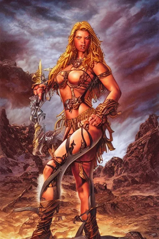 Prompt: A beautiful female warrior by larry Elmore, Jeff easley and Boris Valejo and Julie Bell and ross tran