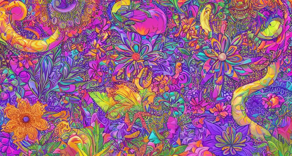 Prompt: psychedelic abstract vector art illustration a exotic garden with flowers by Lisa frank and Tim Hildebrandt, detailed, intricate, elegant, highly detailed, digital painting, artstation, smooth, sharp focus