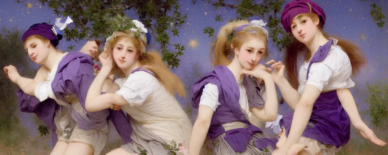 Image similar to A character sheet of full body cute magical girls with short blond hair wearing an oversized purple Beret, Purple overall shorts, Short Puffy pants made of silk, pointy jester shoes, a big billowy scarf, and white leggings. Rainbow accessories all over. Flowing fabric. Covered in stars. Short Hair. Art by william-adolphe bouguereau and Paul Delaroche and Alexandre Cabanel and Lawrence Alma-Tadema and WLOP and Artgerm. Fashion Photography. Decora Fashion. harajuku street fashion. Kawaii Design. Intricate, elegant, Highly Detailed. Smooth, Sharp Focus, Illustration Photo real. realistic. Hyper Realistic. Sunlit. Moonlight. Dreamlike. Surrounded by clouds. 4K. UHD. Denoise.