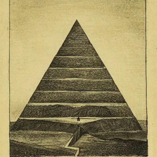 Image similar to A 1780s etching of a barren landscape dominated by an unfinished pyramid of 13 steps, topped by the Eye of Providence within a triangle. Roman numerals are engraved at the base of the pyramid.