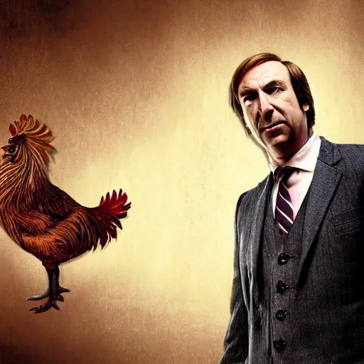 Image similar to saul goodman and a rooster in a saw movie torture chamber, horror movie background, saul goodman, rooster, photo