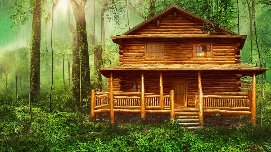 Image similar to golden log cabin in a vaporwave jungle, 4k, ultra realistic, award winning Photograph