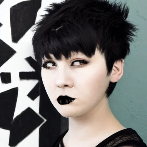 Prompt: an hd goth emo punk portrait by zhang zeduan. her hair is dark brown and cut into a short, messy pixie cut. she has a slightly rounded face, with a pointed chin, large entirely - black eyes, and a small nose. she is wearing a black tank top, a black leather jacket, a black knee - length skirt, and a black choker.