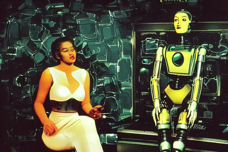 Prompt: beautiful woman robot sitting on a galaxy toilet, from 1985, bathed in the glow of a crt television, tv screens in background, low-light photograph, in style of Tyler Mitchell