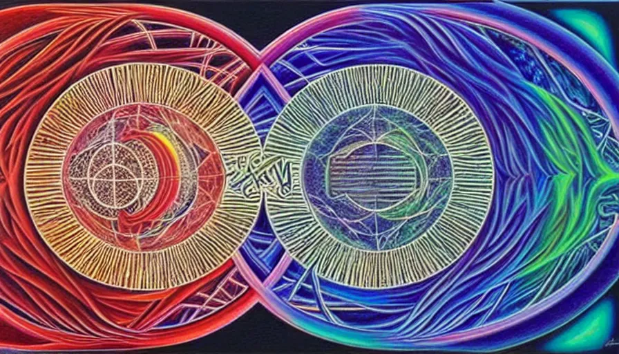 Image similar to the two complementary forces that make up all aspects and phenomena of life, by Alex Grey ,