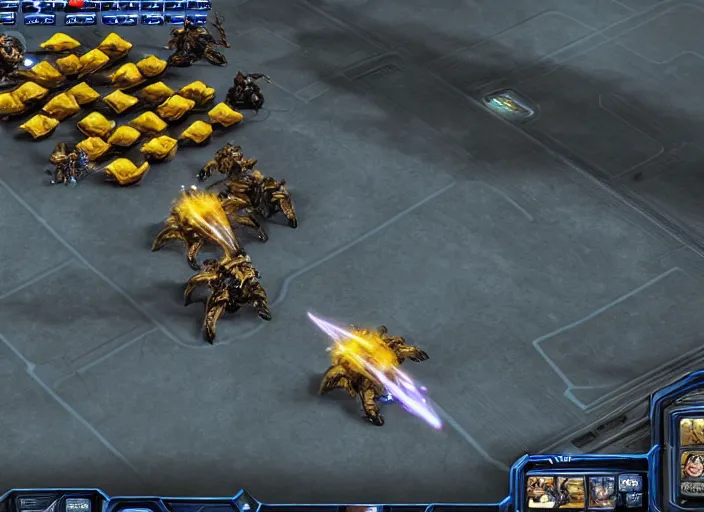 Prompt: screenshot from a starcraft 2 match depicting charles manson slipping on a banana peel