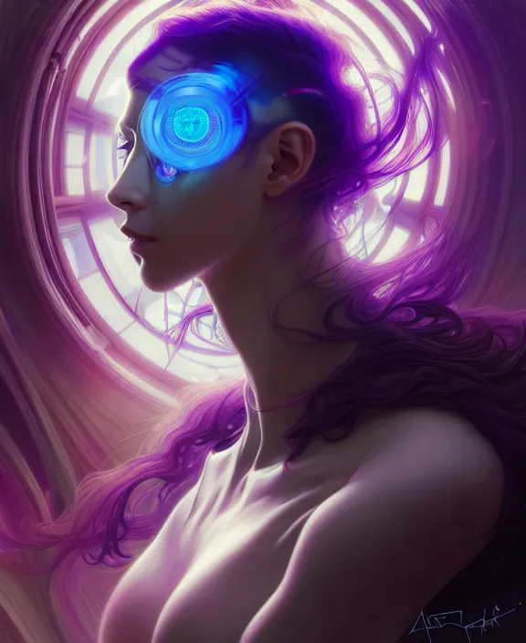 Image similar to a whirlwind of souls rushing inside the metaverse, hologram, half body, neurochip, shaved temple, piercing, jewelry, android, cyborg, cyberpunk face, by loish, d & d, fantasy, intricate, elegant, highly detailed, colorful, digital painting, artstation, concept art, art by artgerm and greg rutkowski and alphonse mucha