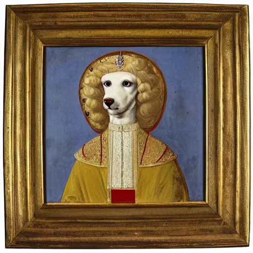 Image similar to portrait of a white poodle as an italian duchess, italo - byzantine era painting 9 0 0 ce