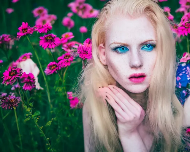 Image similar to pale young woman with bright blonde hair, freckles, blue eyes and a wide face, flowery dress, using a dslr camera, dramatic, surreal art by anna nikonova