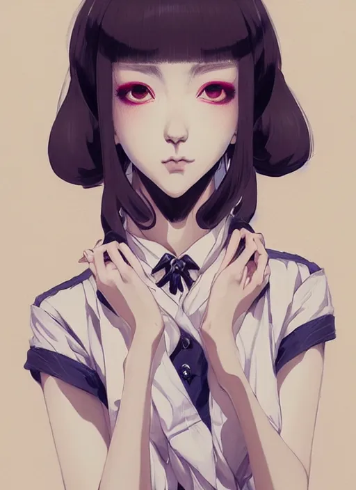 Prompt: a portrait of a young woman in japanese street fashion clothing, confident pose, intricate, elegant, sharp focus, illustration, highly detailed, concept art, matte, trending on artstation, anime, art by james jean and artgerm and brian despain and alberto mielgo, greg rutkowski, wlop, ilya kuvshinov, strong strokes