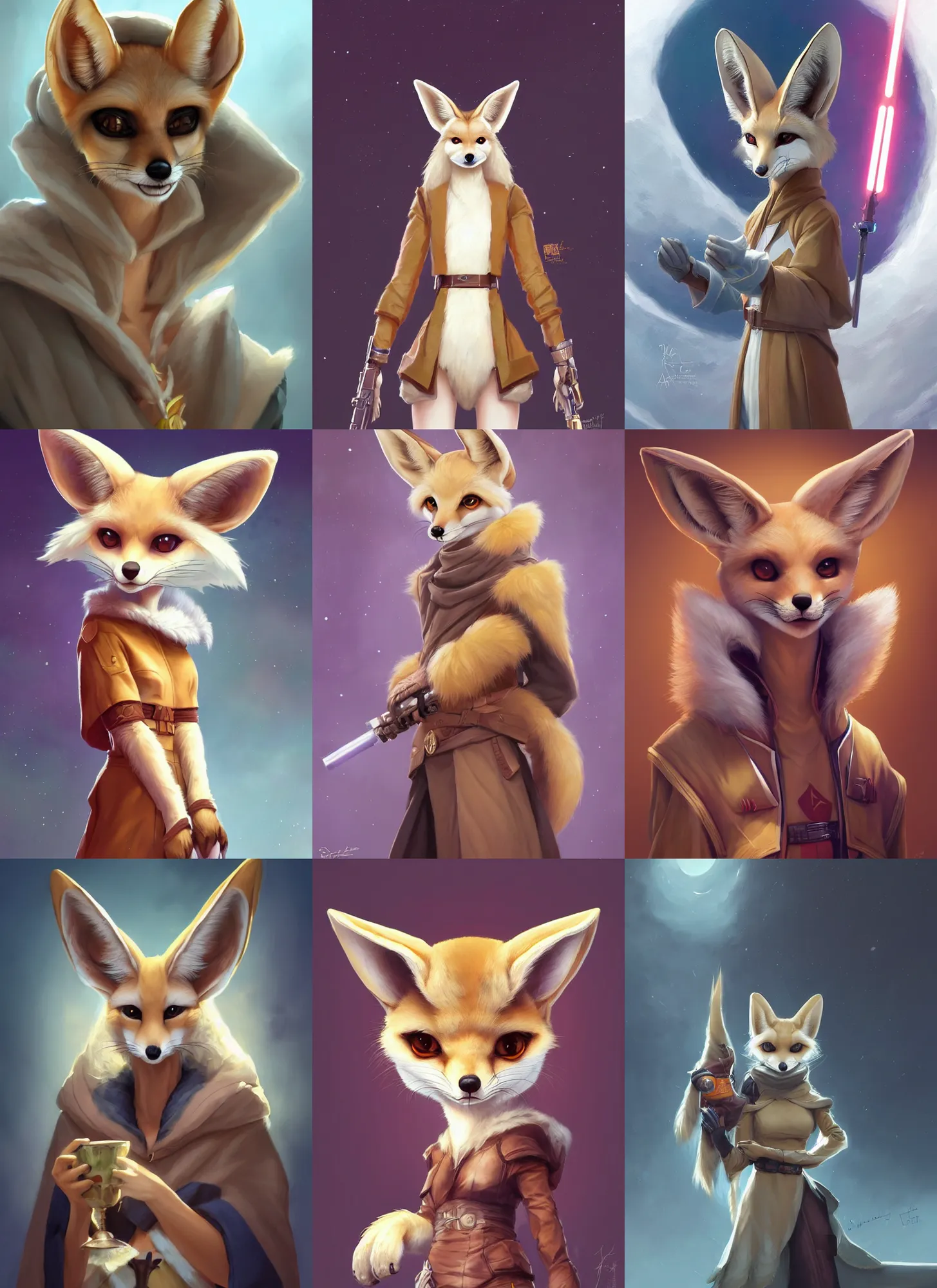 Prompt: beautiful portrait of a female anthropomorphic furry fennec fox fursona wearing jedi robes, character art by stanley artgerm lau, wlop, rossdraws, james jean, andrei riabovitchev, marc simonetti, and sakimichan, trending on artstation