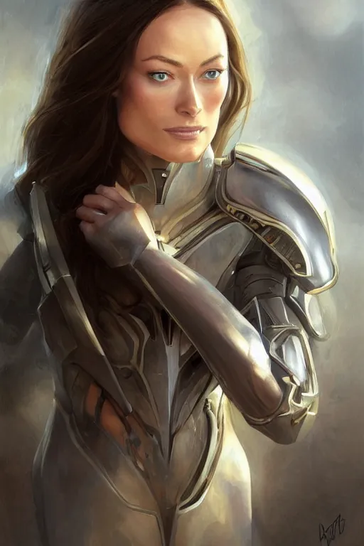 Image similar to a professional painting of a young Olivia Wilde, clothes in military armor, olive skin, long dark hair, beautiful bone structure, symmetrical facial features, intricate, elegant, digital painting, concept art, smooth, sharp focus, illustration, from StarCraft by Ruan Jia and Mandy Jurgens and Artgerm and William-Adolphe Bouguerea