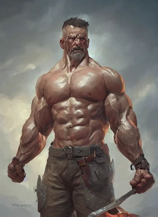 Image similar to detailed character concept illustration, strong muscular older soldier, white uncrop background, sharp focus, illustration, highly detailed, digital painting, concept art, matte, art by wlop and artgerm and greg rutkowski, masterpiece