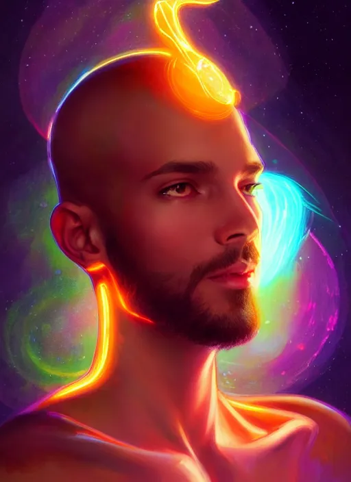 Image similar to a male faceless glowing liquefied stardust adventurer, dnd fantasy character, full body portrait, glowing neon skin, magical aura, ultra realistic, intricate, elegant, highly detailed, digital painting, artstation, smooth, sharp, focus, illustration, art by artgerm and greg rutkowski and alphonse mucha