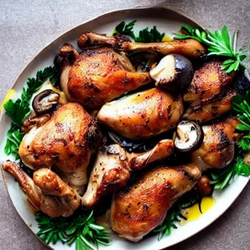 Prompt: delicious looking platter of roasted chicken thighs and huge mushrooms