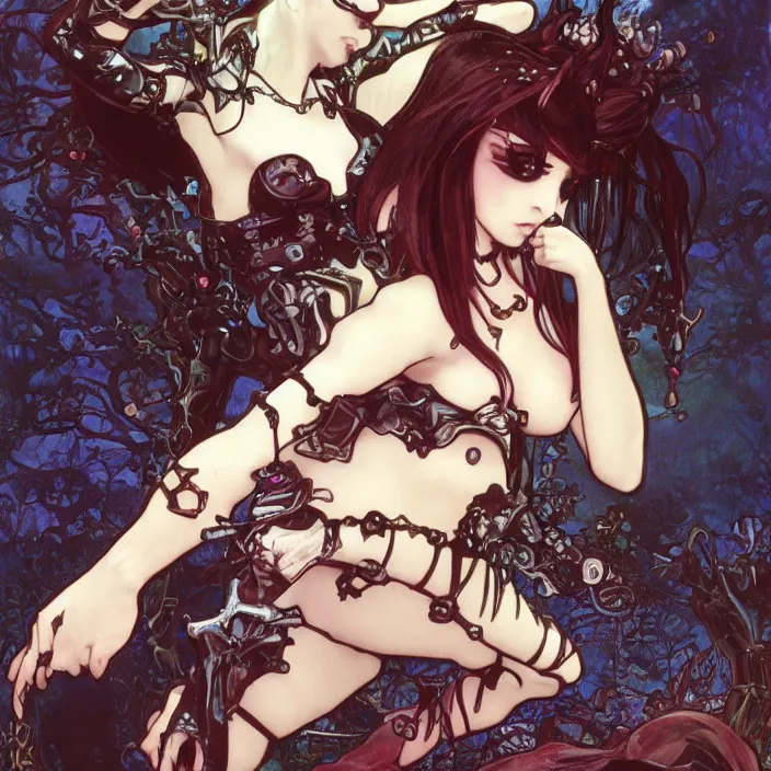 Image similar to little gothic girl, full body, spikes, latex, rubber, rococo, anime aesthetic, chibi, digital painting, sharp focus, concept art, fantasy, by james gurney, by alphonse mucha, by yoshitaka amano, by annie leibovitz