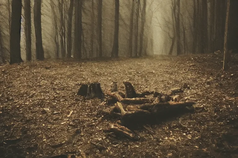 Image similar to terrible dark forest in the depths of which there is a thick butcher in a dirty shirt, chopping meat on a wooden stump, filmed hidden on a phone camera, Cinematic, wildlife photography, 35mm, photo on iphone