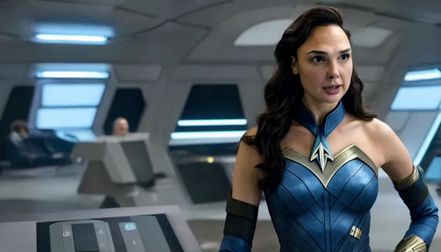 Prompt: Gal Gadot, wearing a standard starfleet uniform, is the captain of the starship Enterprise in the new Star Trek movie