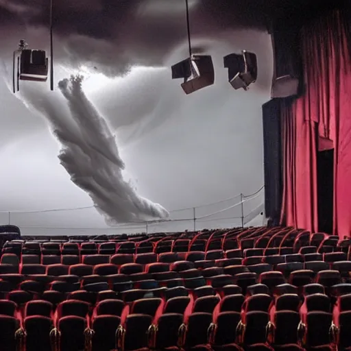 Image similar to a photograph of a tornado on a theater stage