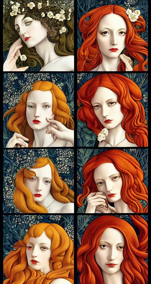 Image similar to the 12 months of the year as figures, (3 are Winter, 3 are Spring, 3 are Summer and 3 are Autumn), in a mixed style of Botticelli and Æon Flux, inspired by pre-raphaelite paintings and shoujo manga, hyper detailed, stunning inking lines, flat colors, 4K photorealistic