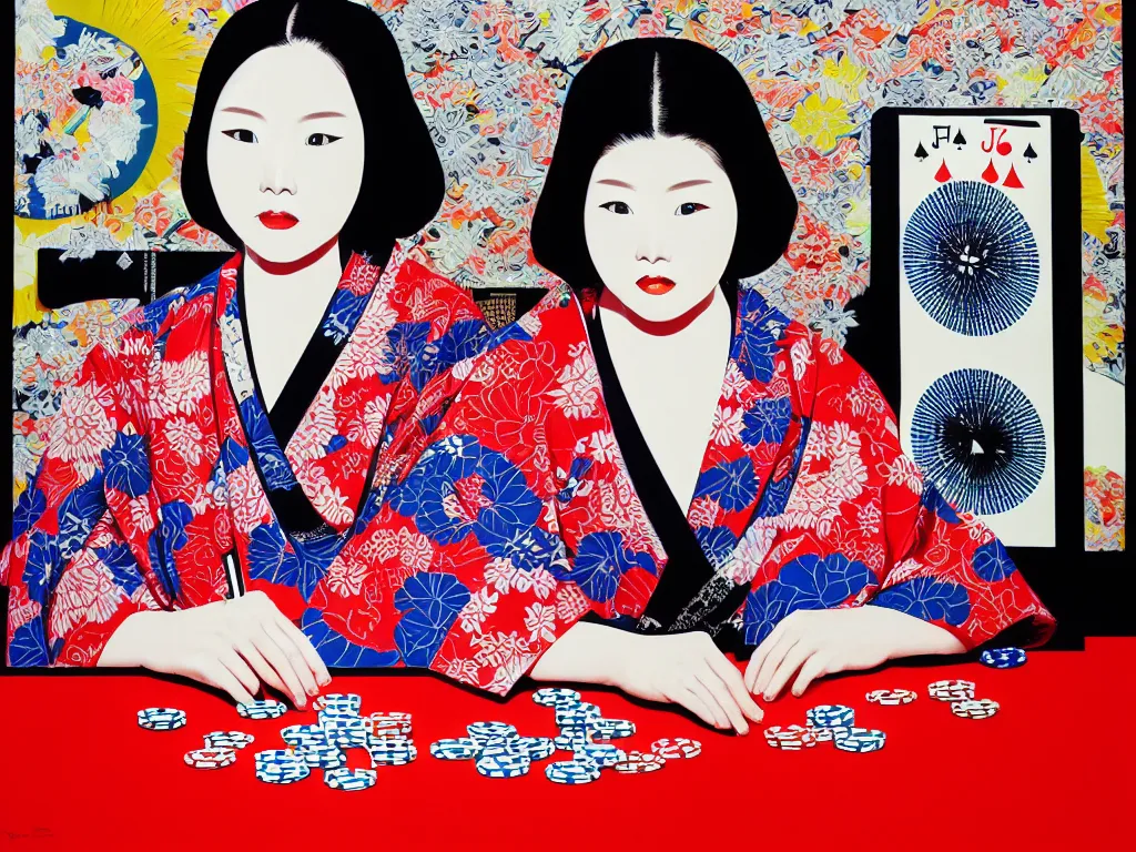 Image similar to hyperrealism composition of the detailed woman in a japanese kimono sitting at an extremely detailed poker table with darth vader, fireworks and folding screen on the background, pop - art style, jacky tsai style, andy warhol style, acrylic on canvas