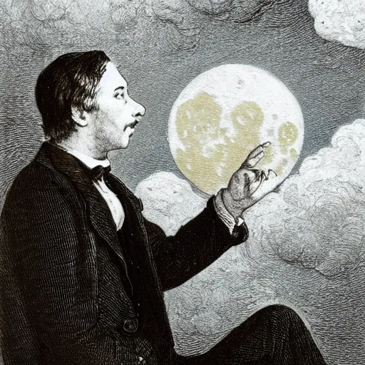 Prompt: dan morris celestial talking moon portrait, side view, surrounded by clouds, illustrated by peggy fortnum and beatrix potter and sir john tenniel