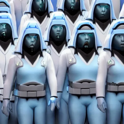 Image similar to troop jack black clones with white bob hairdos, tight light blue and lavender neopren suits, futuristic cloning facility, sci - fi, highly detailed, cinematic