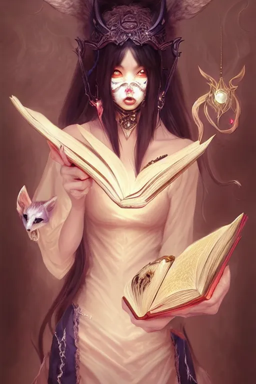 Prompt: gorgeous!!! hyper - realstic sorceress with a kitsune mask, holding a tattered magical book, casting a spell | drawn by wlop, drawn by jeehyung lee, drawn by artgerm | fantasy, dark, intricate, highly detailed, digital painting, character design, concept art, illustration, artstation