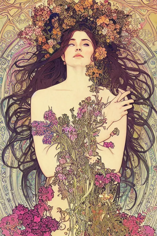 Prompt: an intricate painting of a beatiful young woman with a lot of flowers and plants on its head, birds, poster art by android jones, by alphonse mucha, behance contest winner, generativ line art