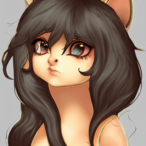 Image similar to 3/4 headshot of young female furry, D&D, cute, fantasy, intricate, long hair, dark grey skin, mouse face, mouse nose, mouse head, mouse ears, black hair, elegant, highly detailed, cartoony, artstation, concept art, smooth, sharp focus, illustration, art by Diives