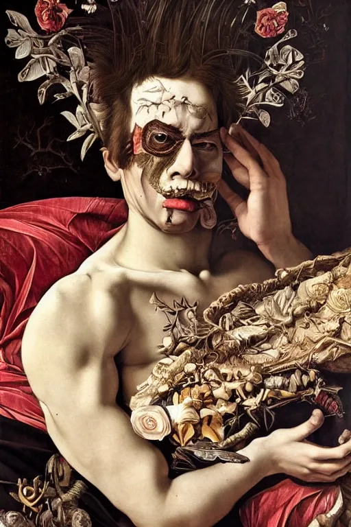 Prompt: Detailed maximalist portrait a man lying on bed with large lips and with large white eyes, exasperated expression, botany bones, HD mixed media, 3D collage, highly detailed and intricate, surreal illustration in the style of Caravaggio, dark art, baroque