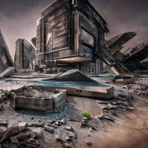 Image similar to the ruins of a futuristic city in a post-apocalyptic world, photography, award winning, 8k