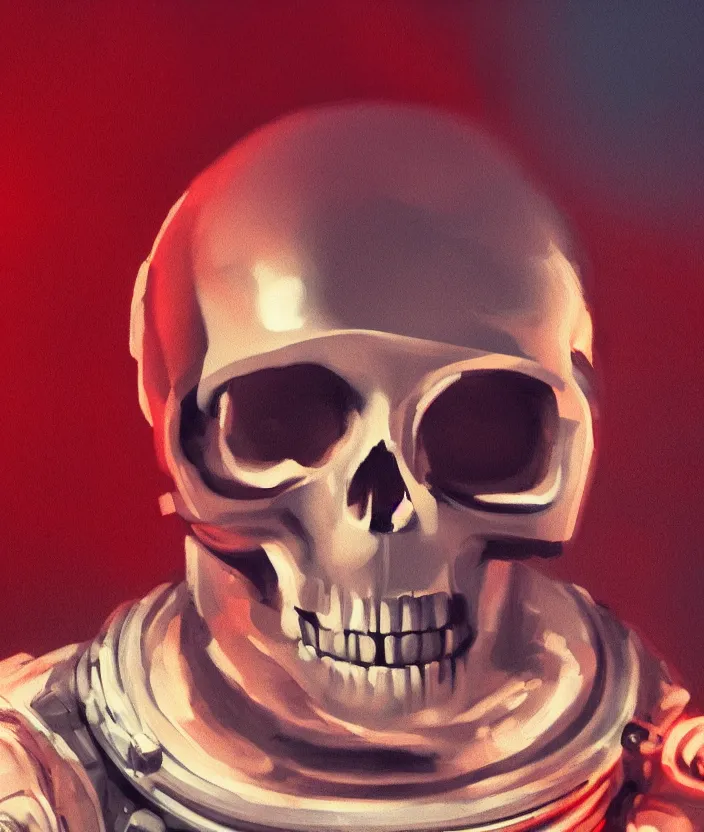 Image similar to a portrait of an astronaut, his head is a skull, the skull is screaming, mysterious, very aesthetic, cinematic and dramatic red light, in the style of edward hopper 4 k,